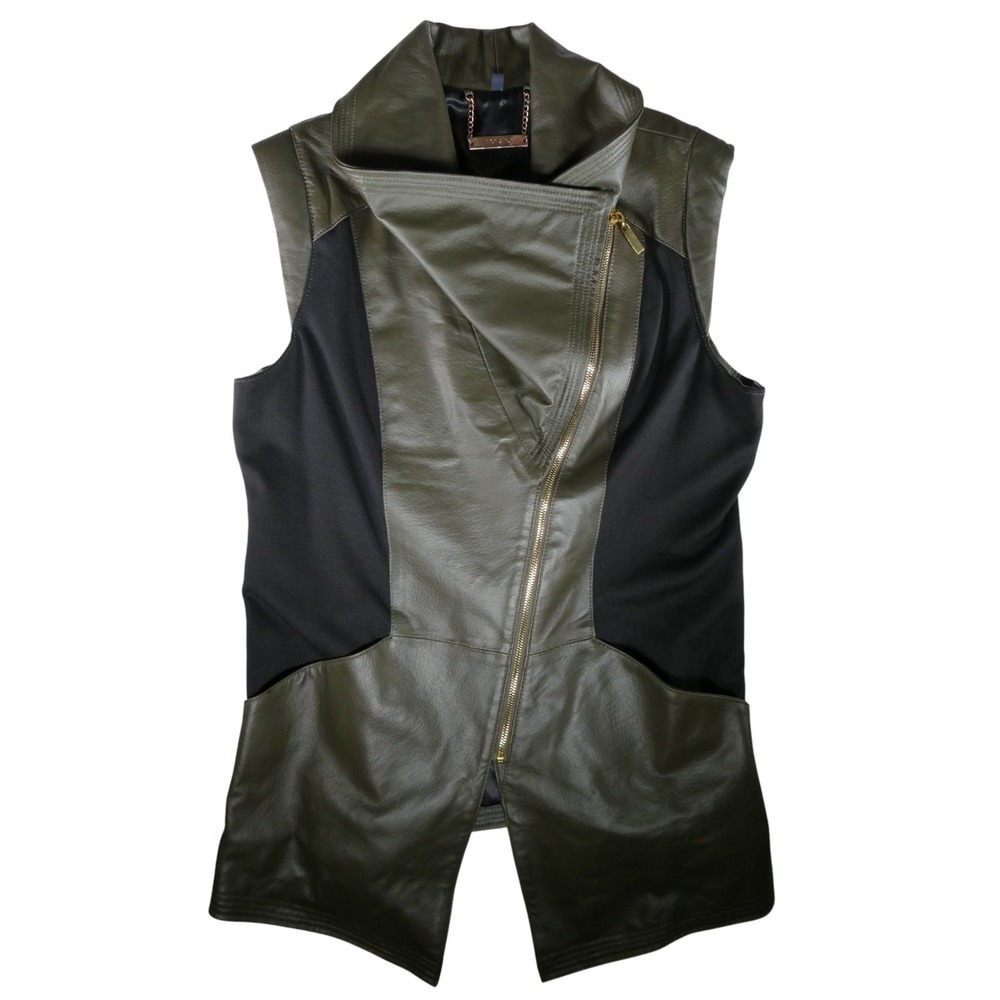 IMAN Women's Green Black Leather Vest Jacket Size M Style 129297 Chic Sleeveless - Picture 4 of 10
